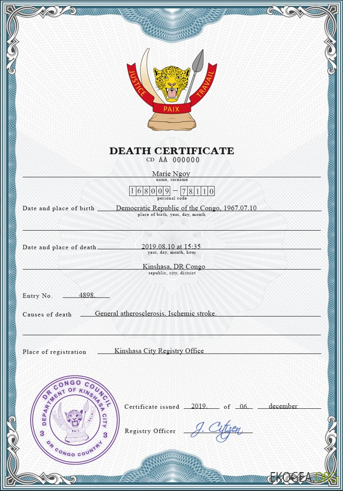 Modèle PSD de certificat de décès d'état civil du Congo (République démocratique du Congo)